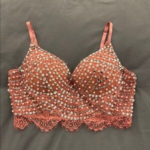 Elegant Pearl Embellished Lace Bralette - Pink